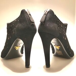 Prada Ankle Boots Suede Cutout Black Perforated High Stiletto Heel Peep Toe Zip